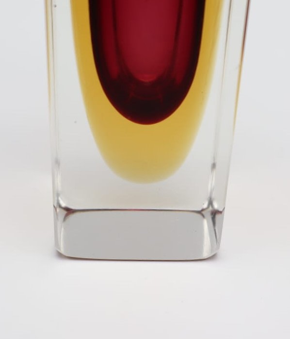 Authentic Flavio Poli Murano Sommerso Block Vase – Ruby Red & Amber – Italy, 1960s — close-up