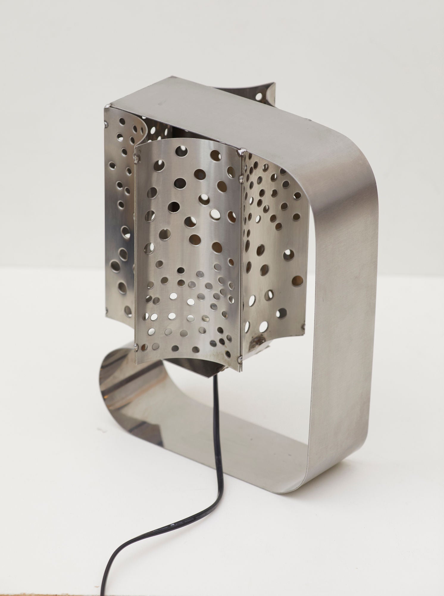 One of a Kind French Artisanal Stainless Steel Table Lamp Vintage Circa 1970 — close-up of perforated stainless steel shade