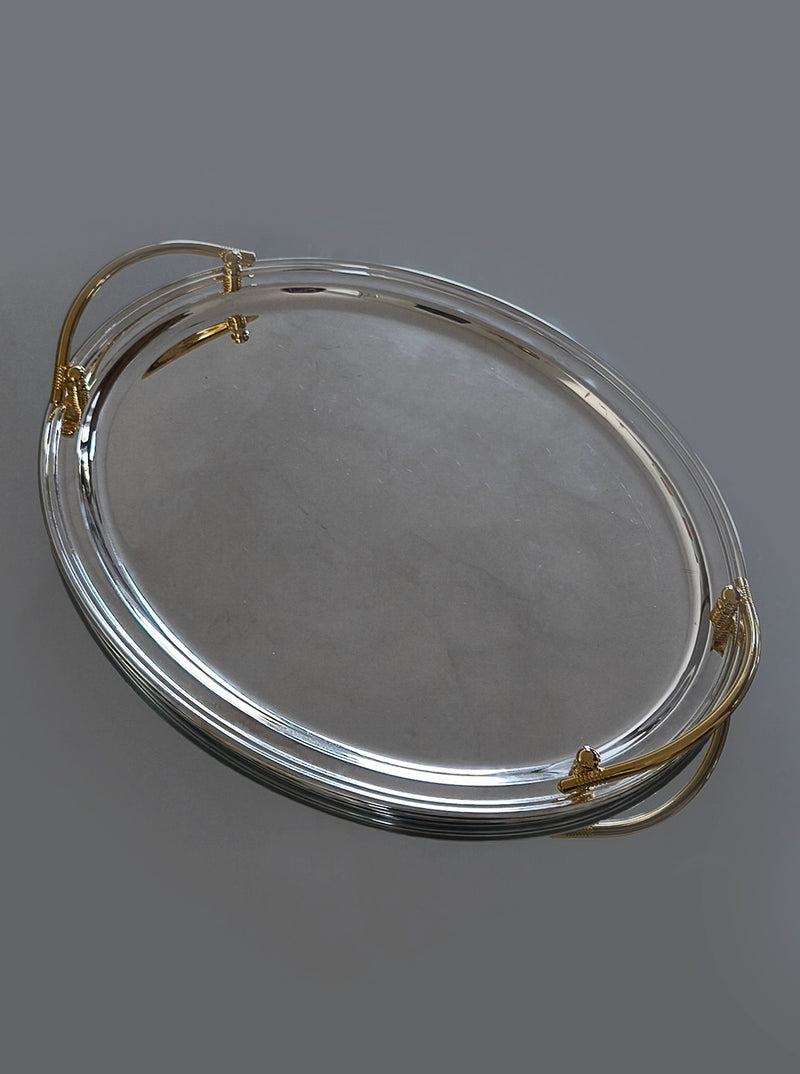 Large Oval Silver-plated Tray — angled view showing polished surface and handles