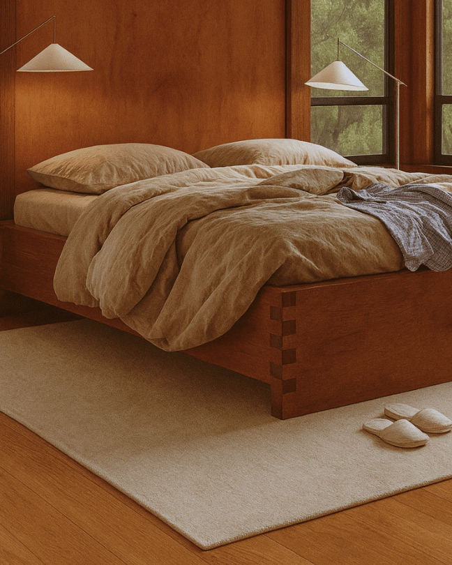 Rug 100% Wool New Zealand - Blanc Cassé — styled on wooden floor in bedroom