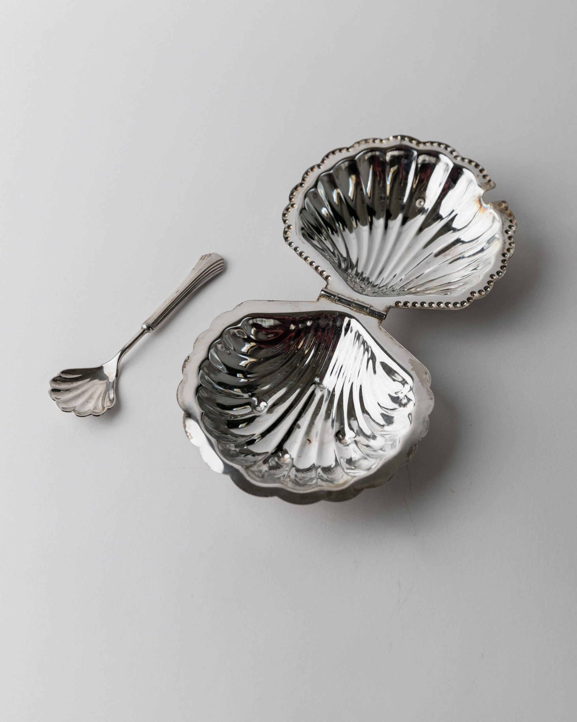 Shell-Shaped Sugar Bowl, Italy 1960s — side angle showing polished silver interior