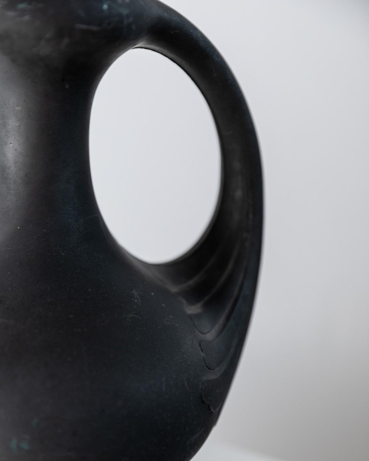 Antique 1920s Lavanite Stone Vase, Sculptural Black Matte Design with Two Handles, Fine Textured Surface, Art Deco Flowervase, Gift Idea — additional view