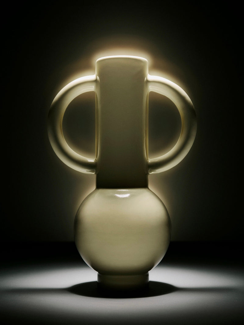 Limoncello ceramic vase with sculptural handles in soft green glaze