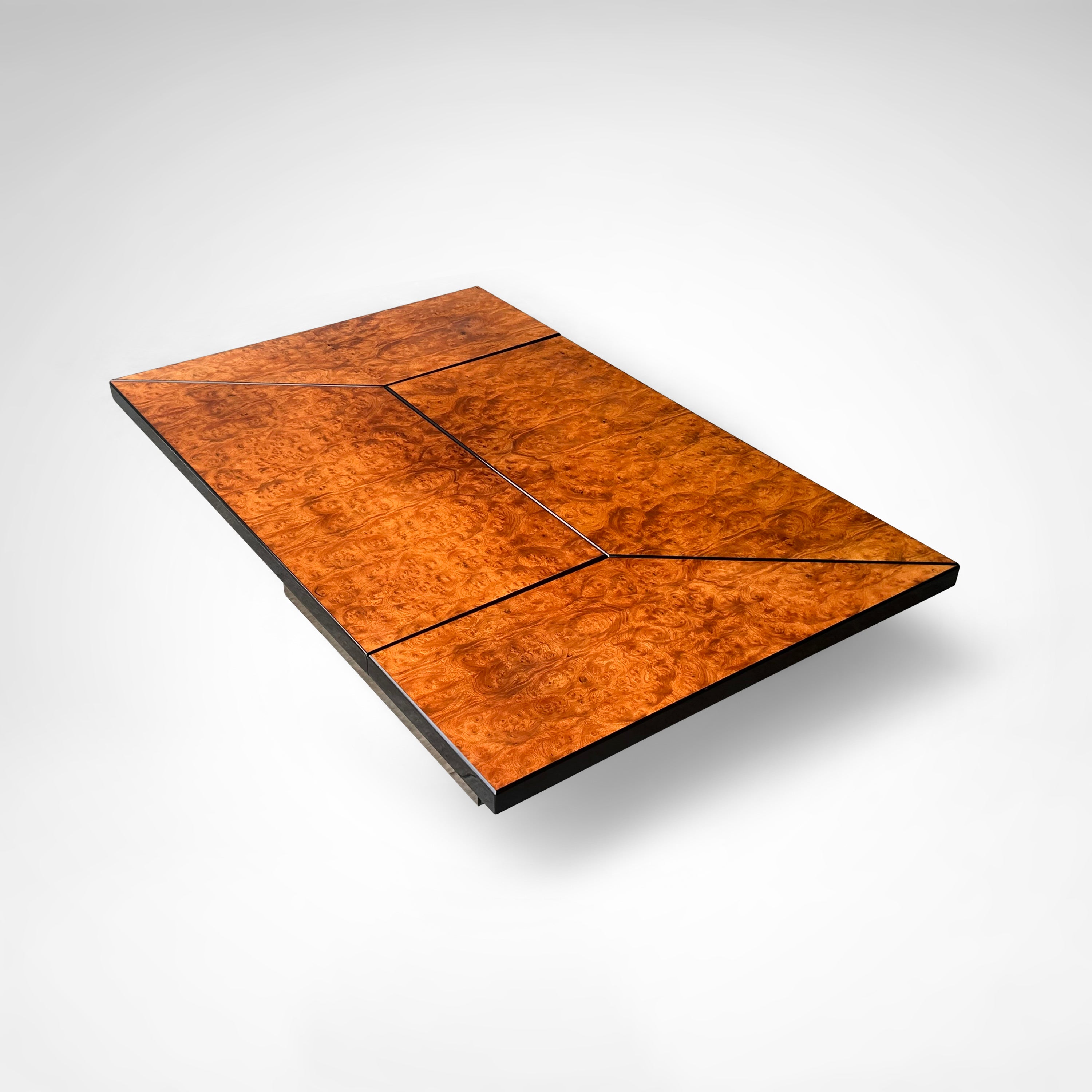 Burl wood coffee table with bar by Paul Michel for Roche Bobois 1980s — back view highlighting rich wood grain texture