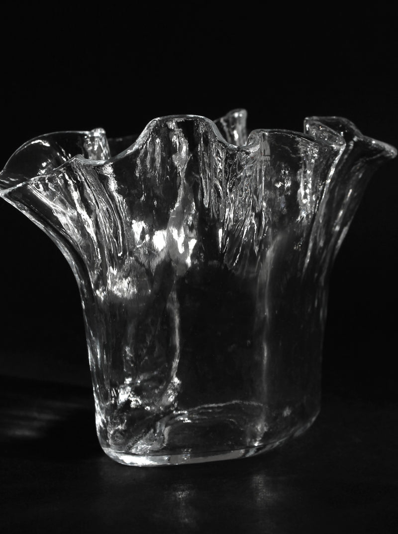 Translucent glass vase with ruffled rim detail, Finnish 1970s design