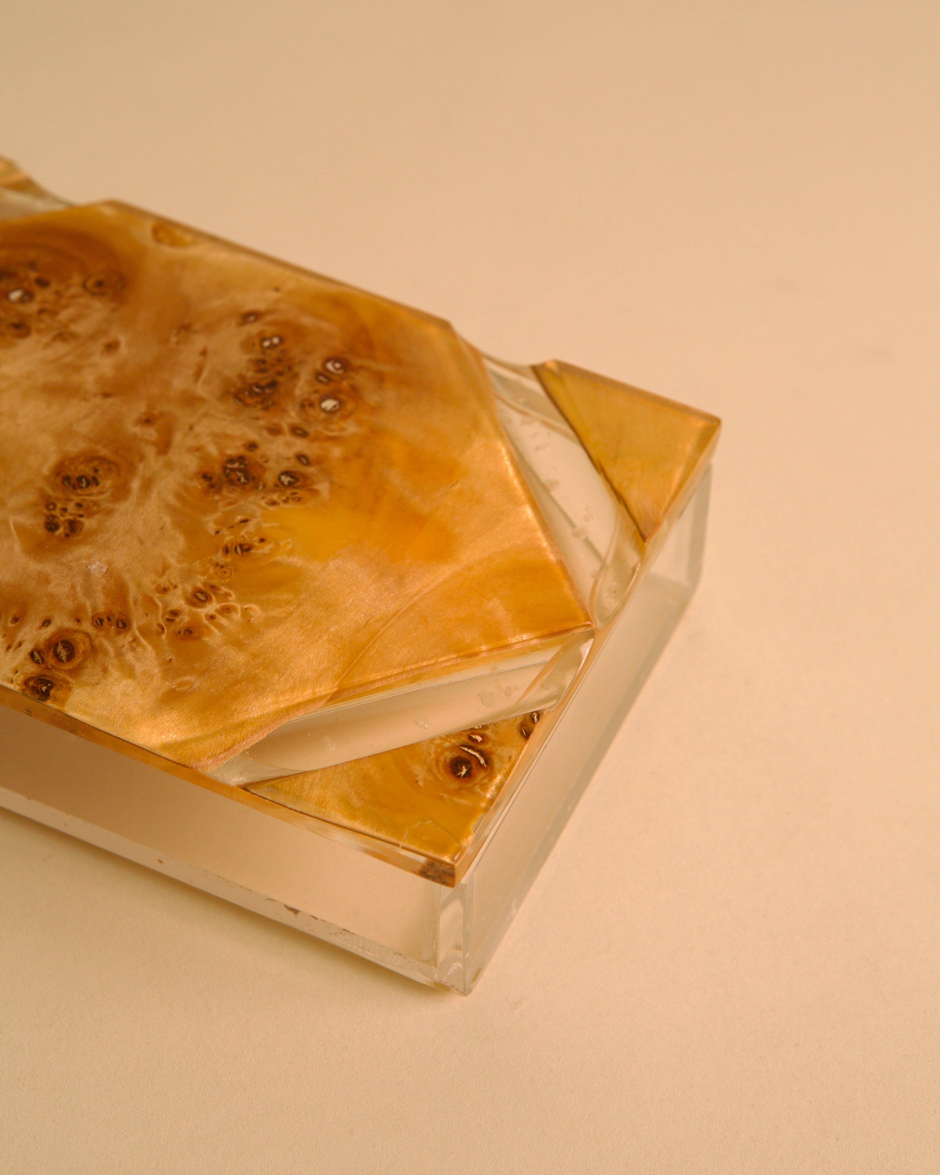 Italian plexiglass box with amber burl wood lid, 1970s — lifestyle setting