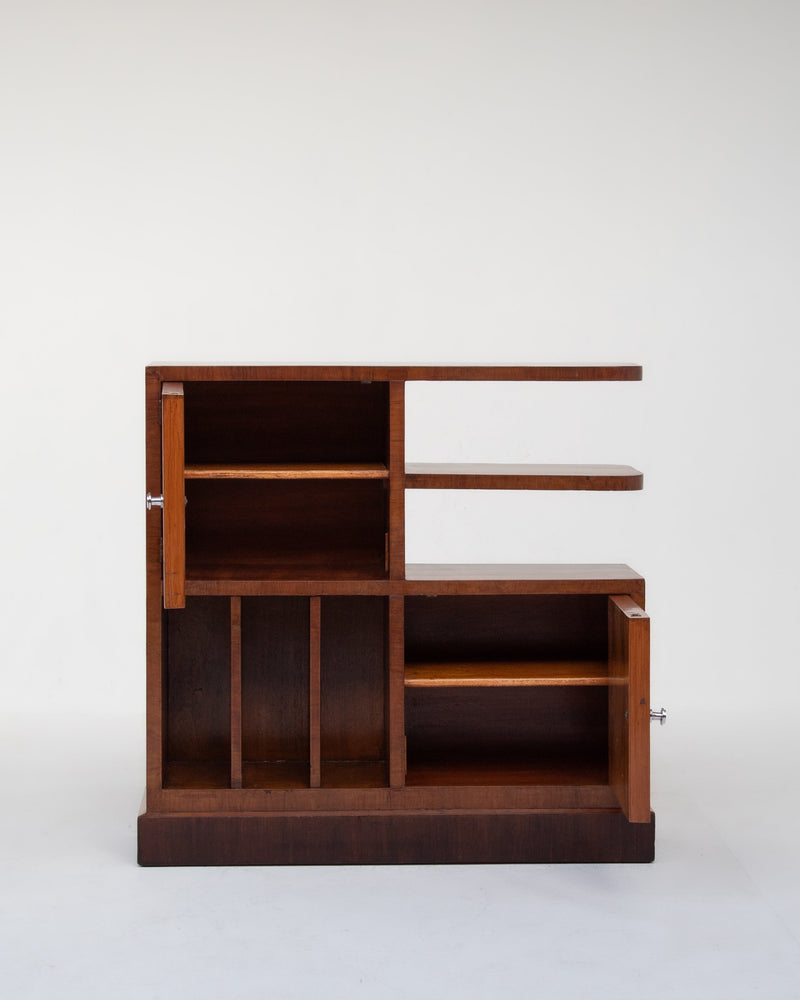 Art Deco walnut storage cabinet with asymmetrical open shelving