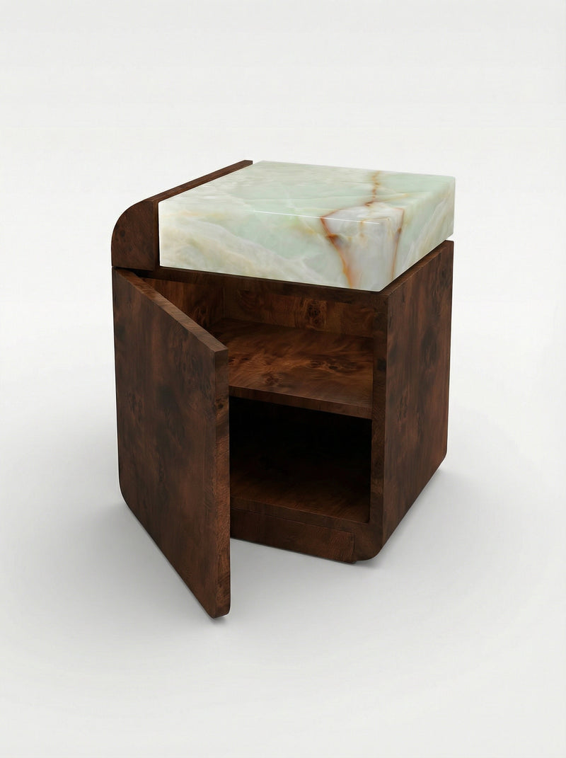 Amo Burl Wood and Green Onyx Storage Table — angled view showing open storage compartment