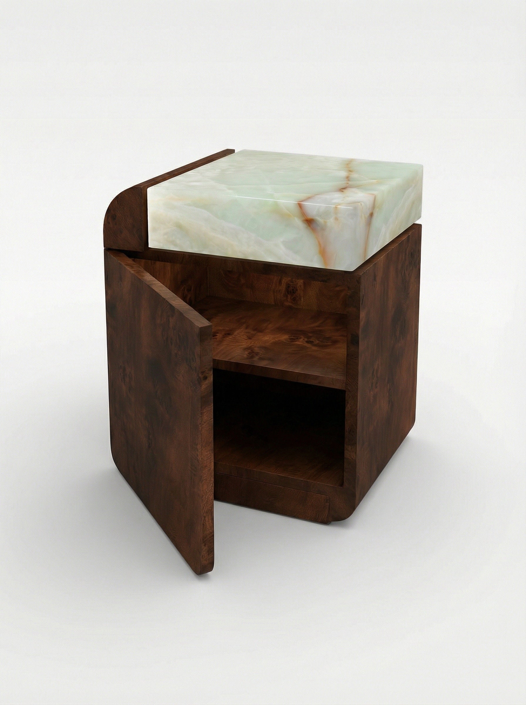 Amo Burl Wood and Green Onyx Storage Table — angled view showing open storage compartment