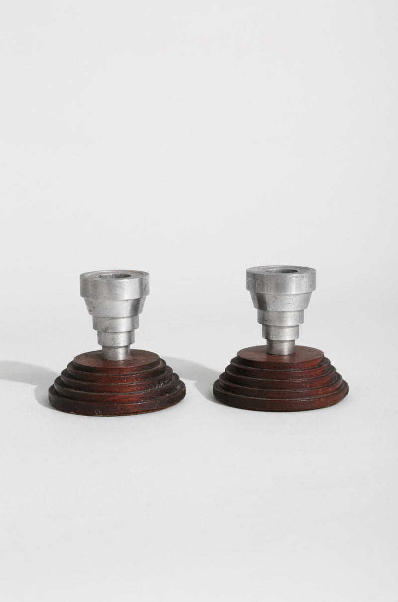 Stepped wooden base candleholder pair with aluminum tops