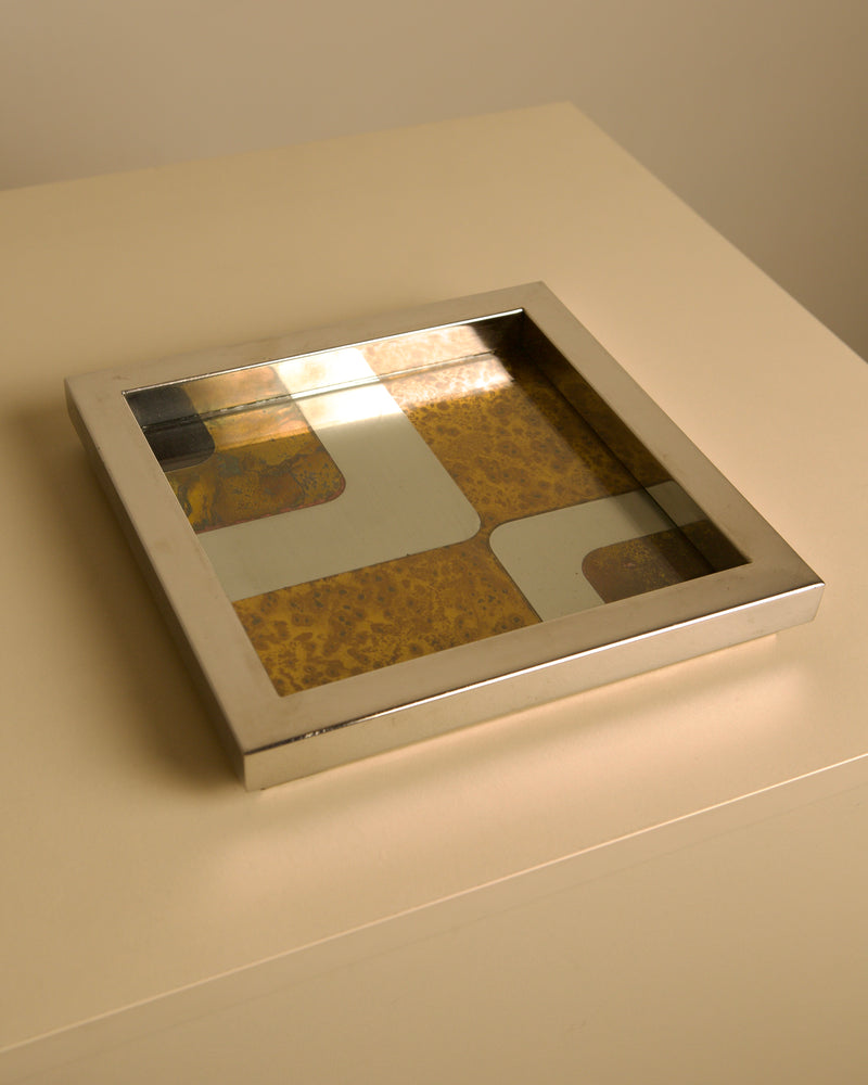 Italian square metal, glass, wood-effect and 70s patina catchall — side angle