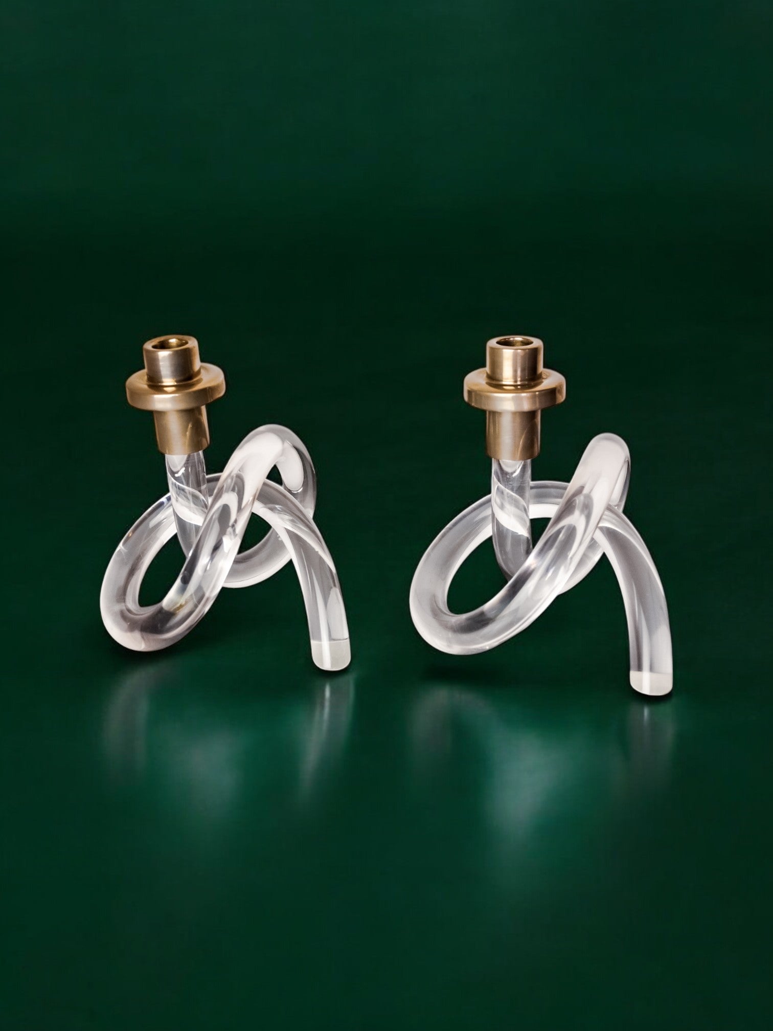 Pair of pretzel candlesticks by Dorothy Thorpe, Lucite and Gilt brass, 1970's — lifestyle setting