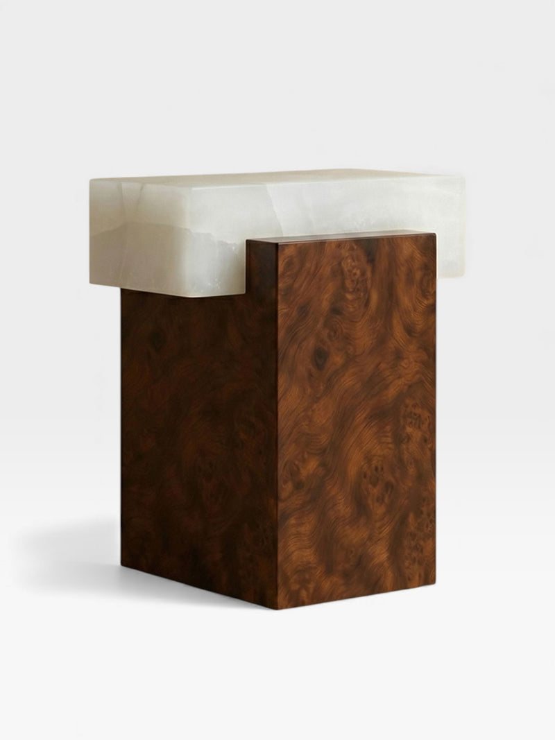 Gaia Burl Wood and White Onyx End Table — close-up of onyx top surface
