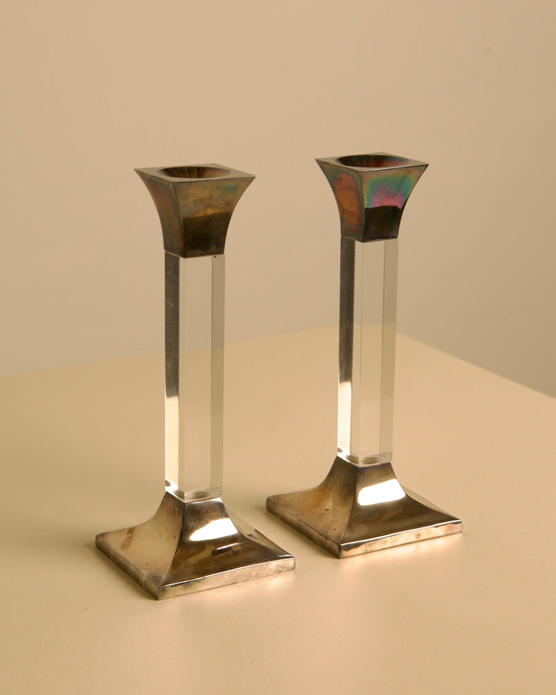 Pair of Italian Lucite and Silver Candleholders, 1960s by Treaptyque | The Oblist — vintage silver and clear lucite