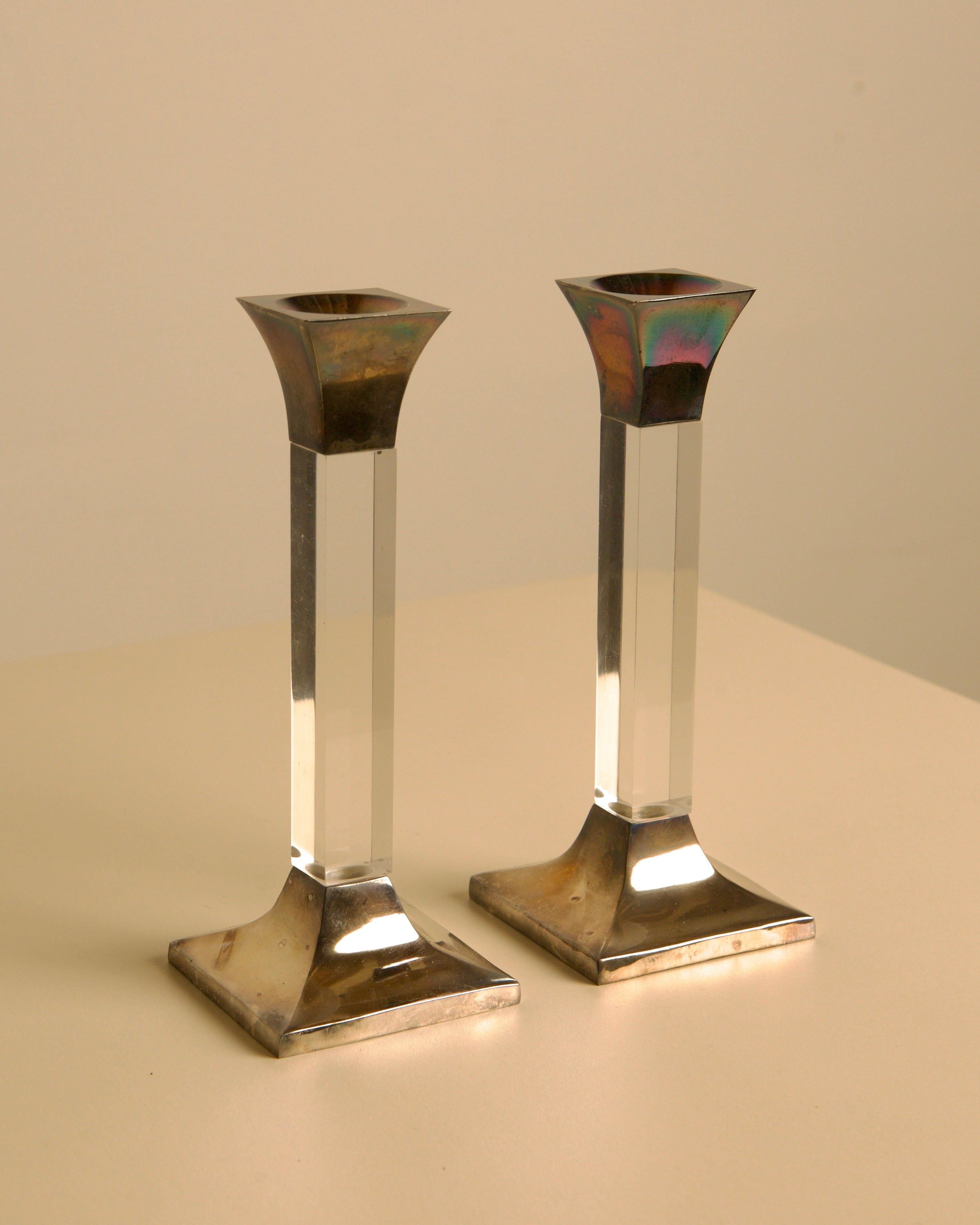 Pair of Italian Lucite and Silver Candleholders, 1960s