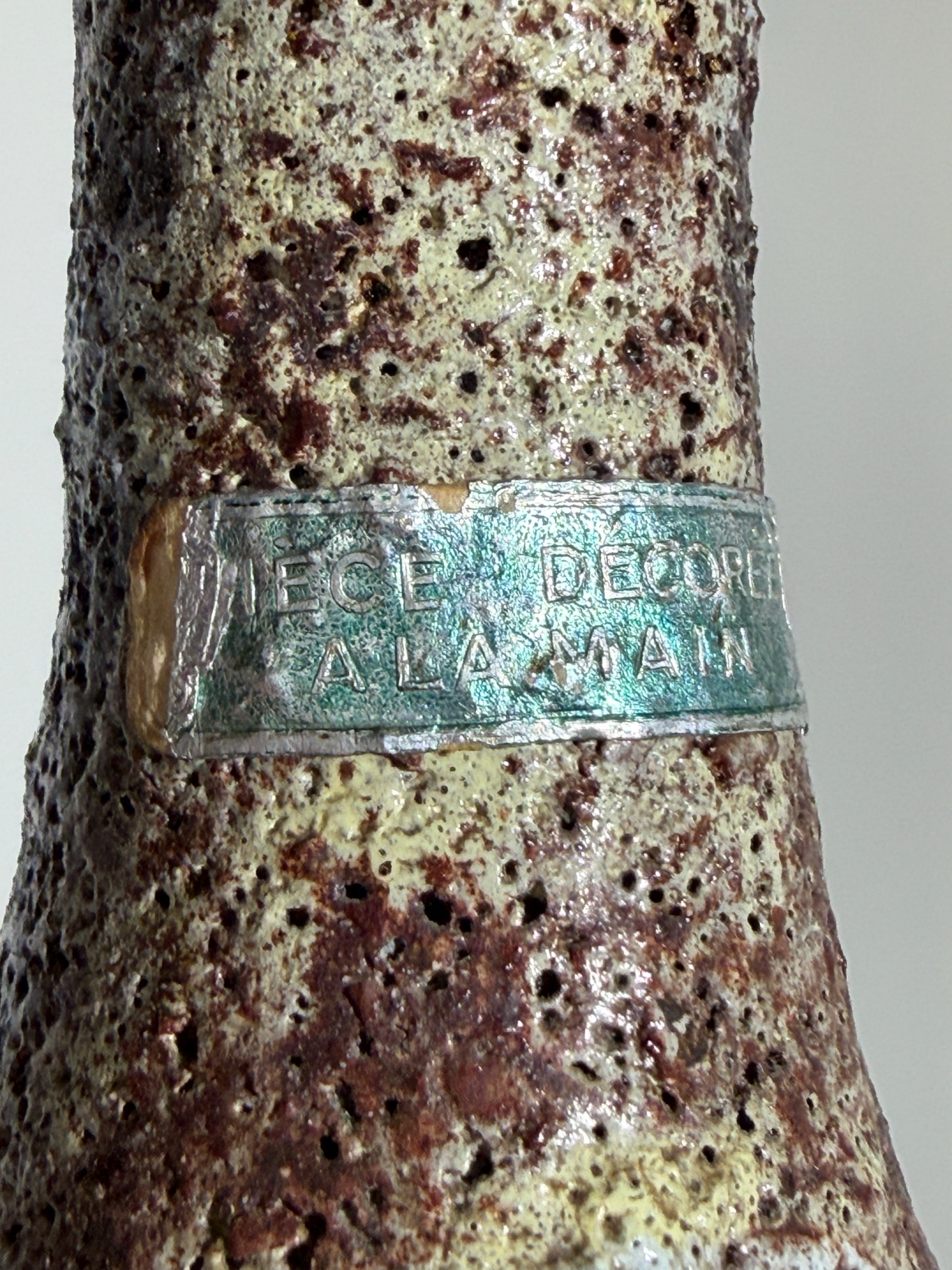 Rare bottle by the potters of Accolay, France, circa 1960 — top view highlighting textured ceramic surface