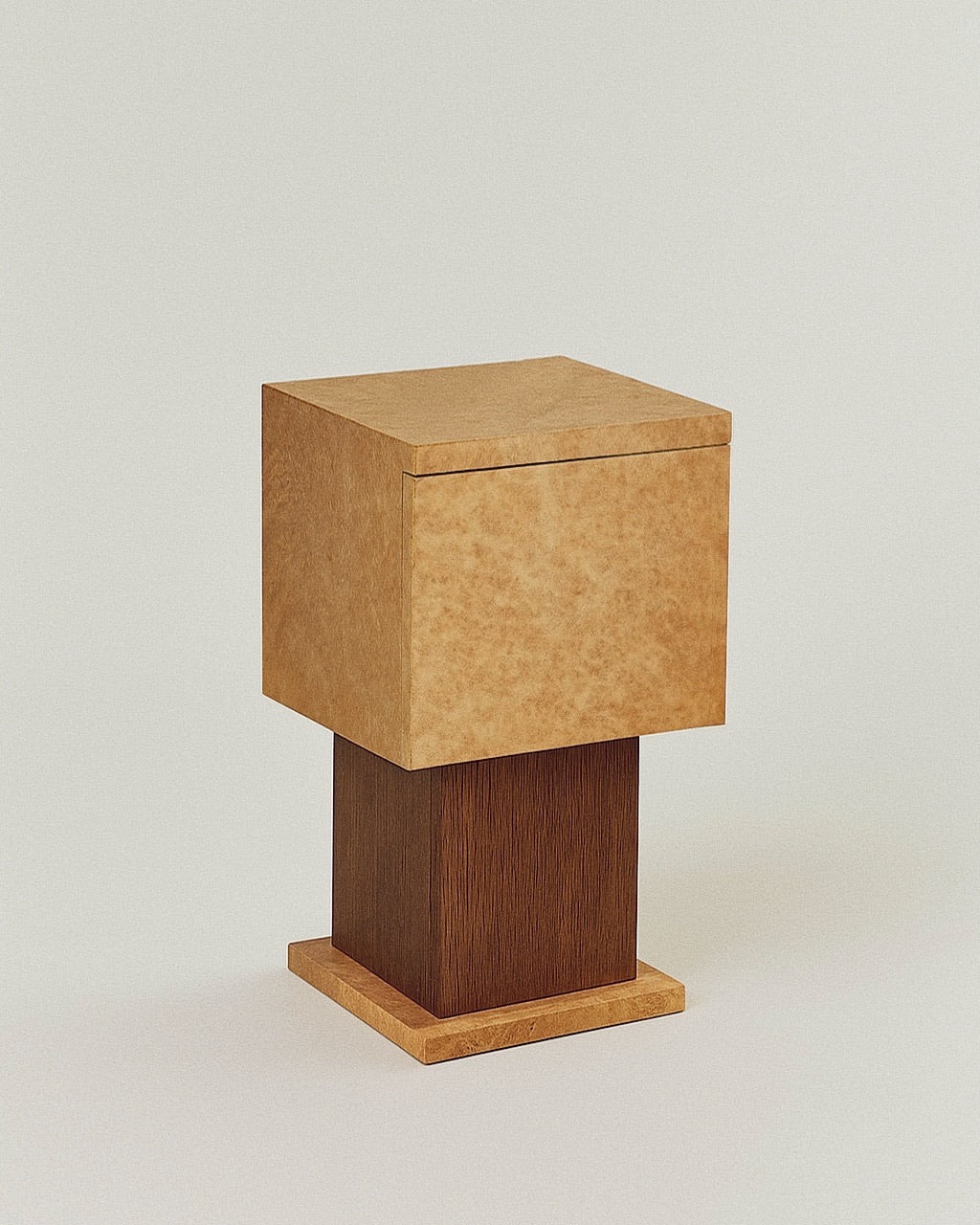 Modern burl wood bedside table with dark walnut pedestal base