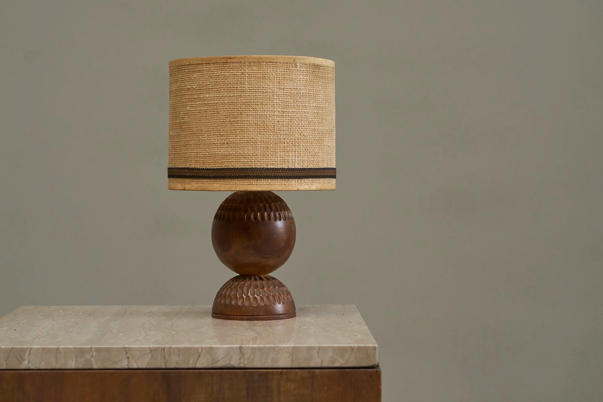 Wonderful Table Lamp in Carved Wood with Shade in Woven Jute 1960s — side angle