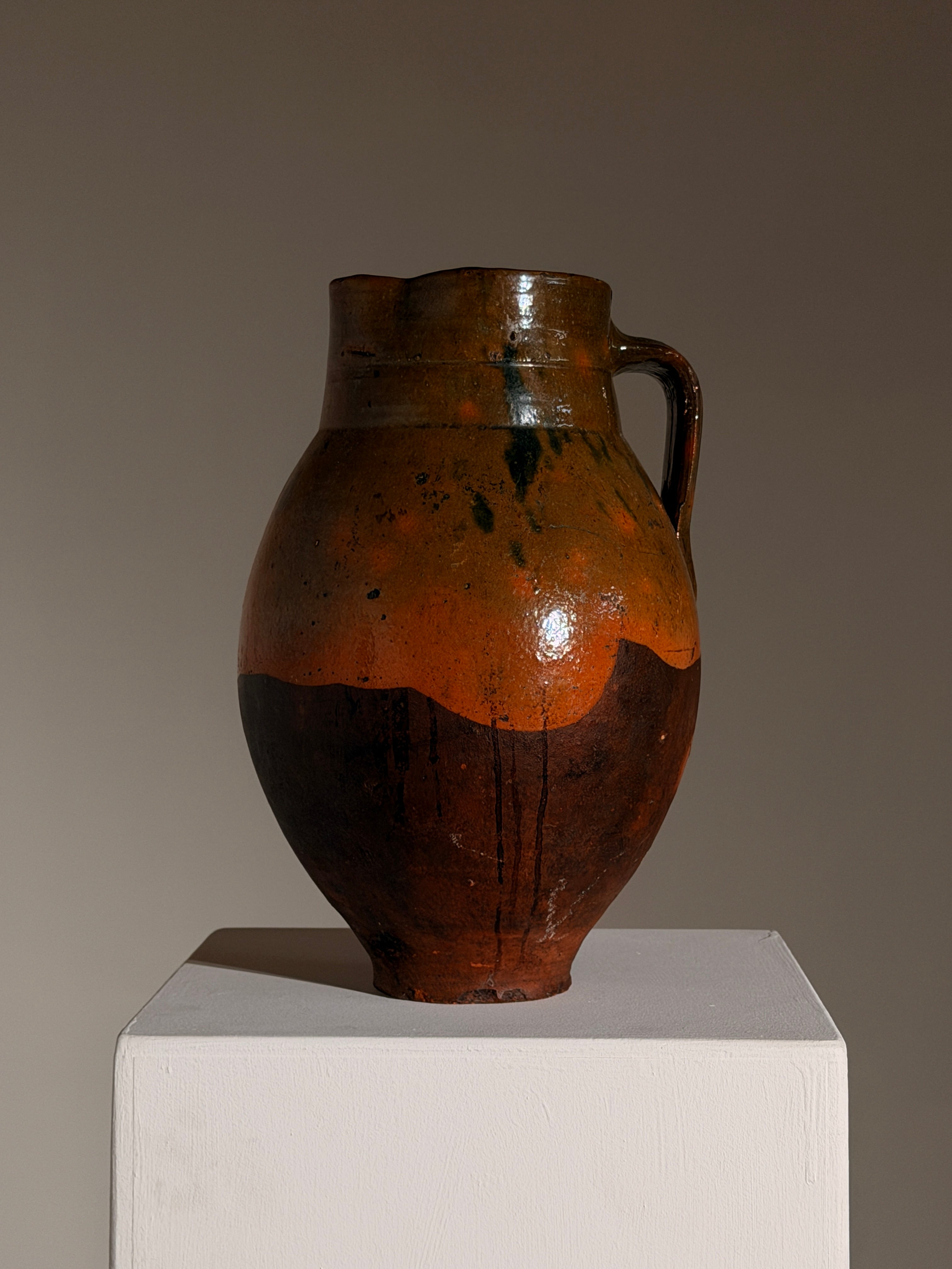 Ceramic Jar, French Folk Art, late 19th century — side view highlighting orange and brown glaze