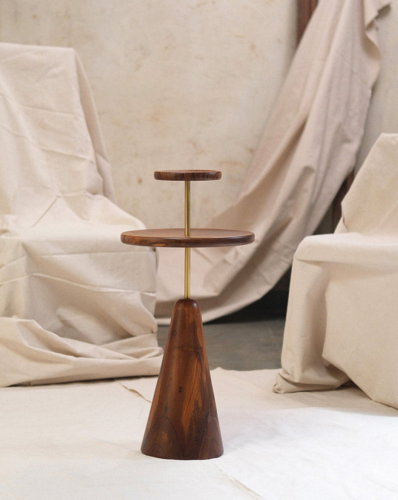 Stak Side Table — close-up of wooden top and brass support