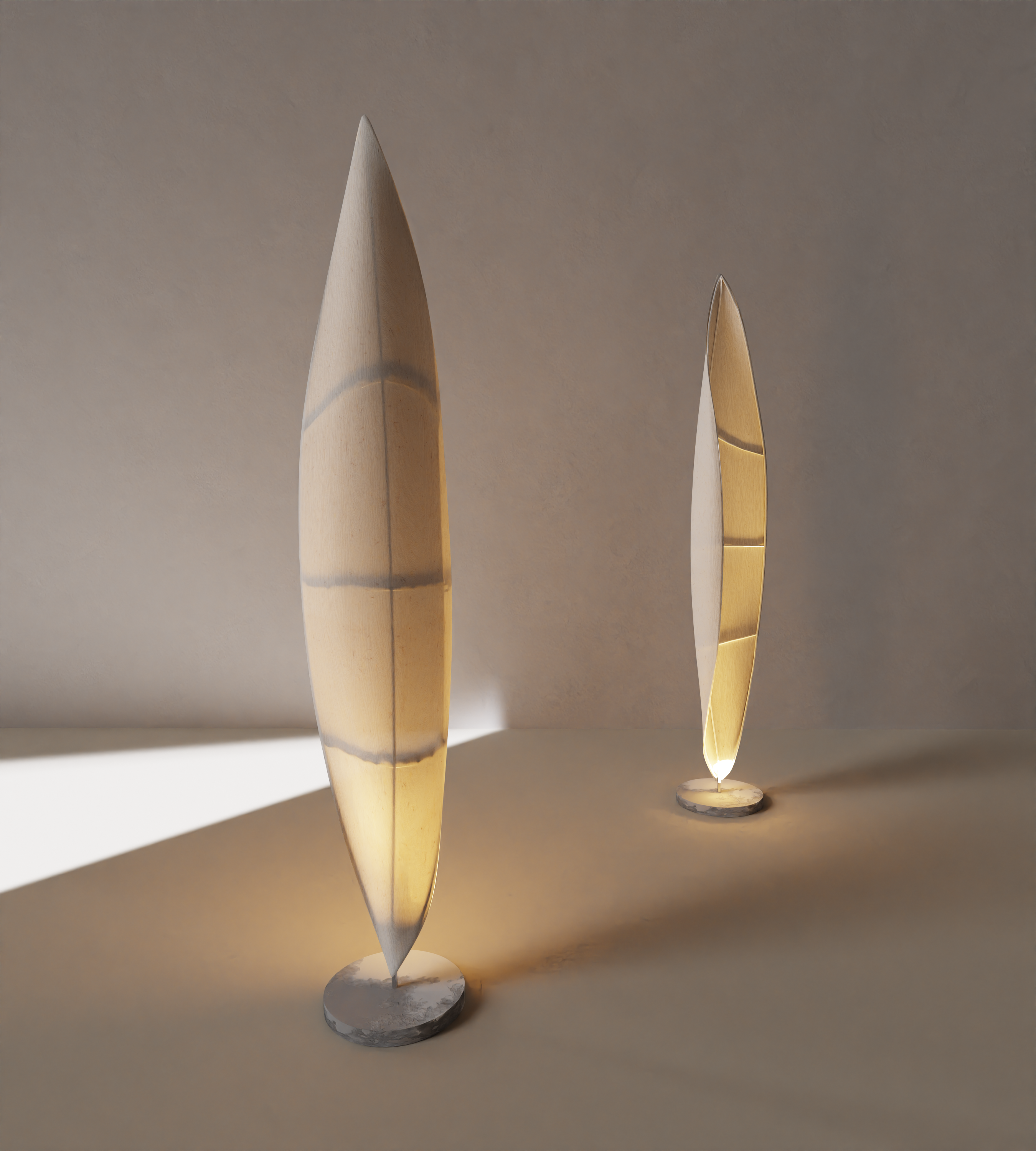 “Plume” Floor Lamp — back view highlighting soft white fabric shade