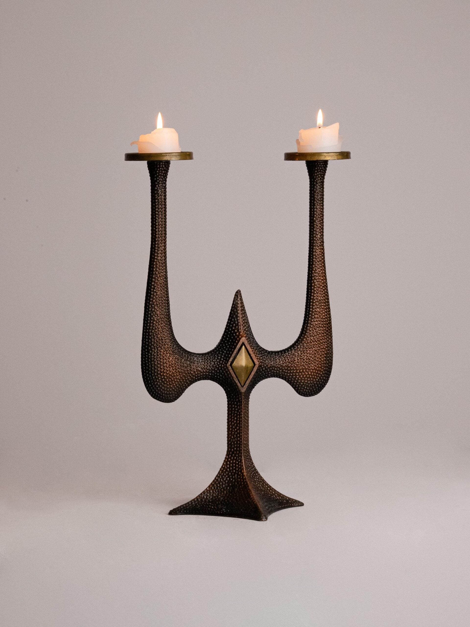 Vintage Brutalist Candle Holder, USSR Mid Century Modern 1960s-1970s Two-Arm Candelabra — lifestyle setting