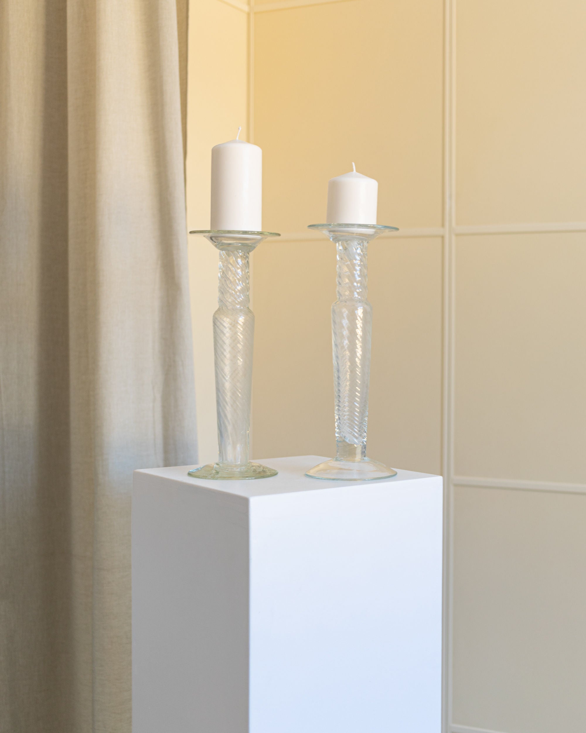 Set of 2 Franco Moretti Candleholders Glass 1960s — top view on white pedestal