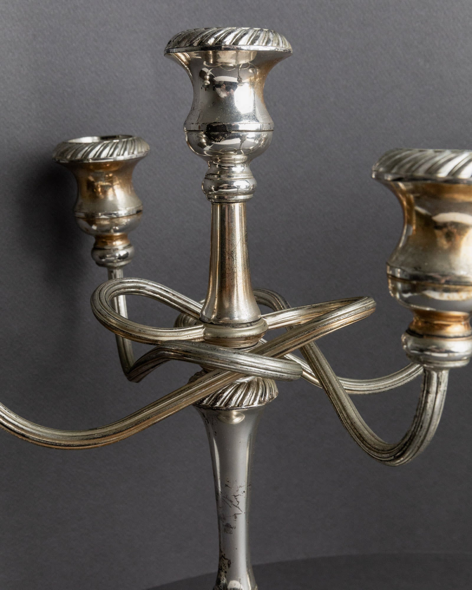 Vintage 1950s Silver Plated Candleholders, Set of 2, Large Five Arm Curved Design — close-up of silver finish and curved arms