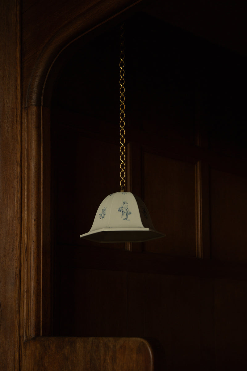 Artist's Edition - Maeve Pendant — close-up of ceramic shade with blue design