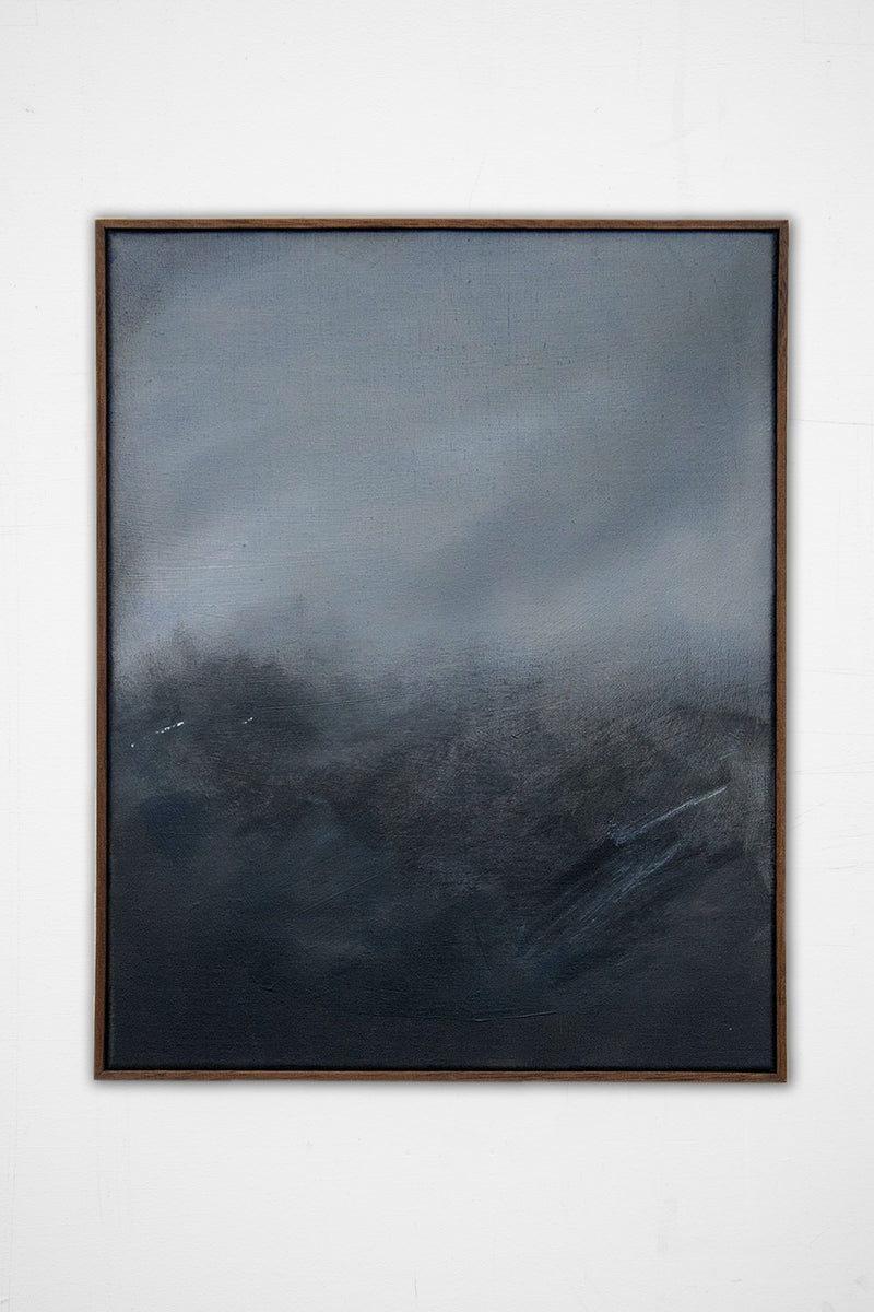 Moody grey landscape painting with misty hills on linen canvas