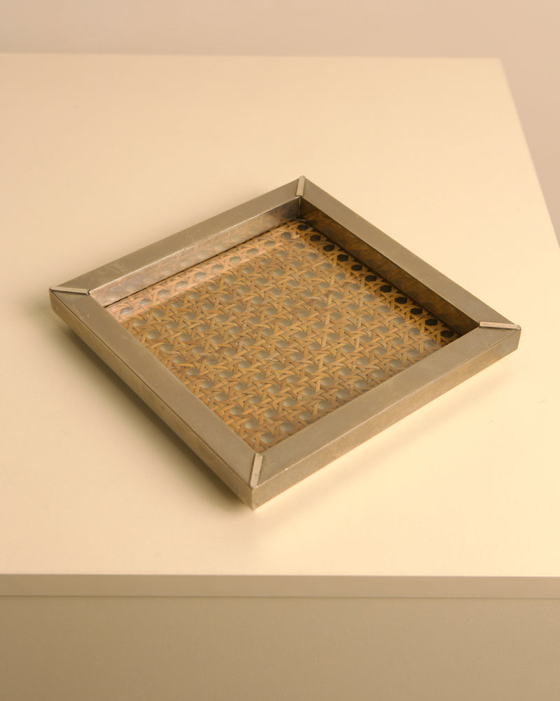 Italian 70s square metal vide-poche with woven cane insert