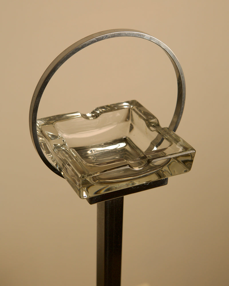 Italian Crystal Ashtray on a Chromed Metal Stand, 1950s — close-up of glass ashtray with metal ring