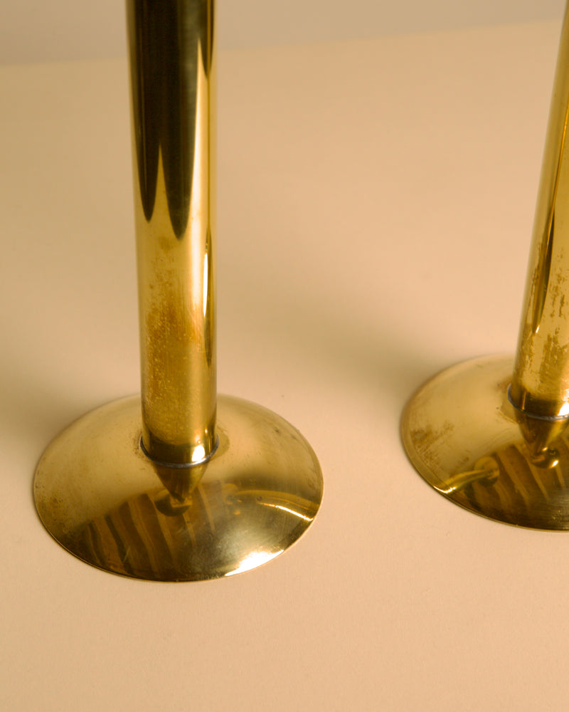 Pair of Large Danish Brass Candleholders 1960s — close-up of polished brass base