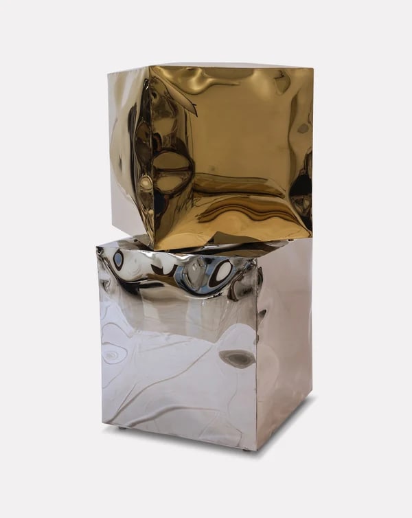 Stainless Steel Cube Pouf by Nitush Arosh — side angle