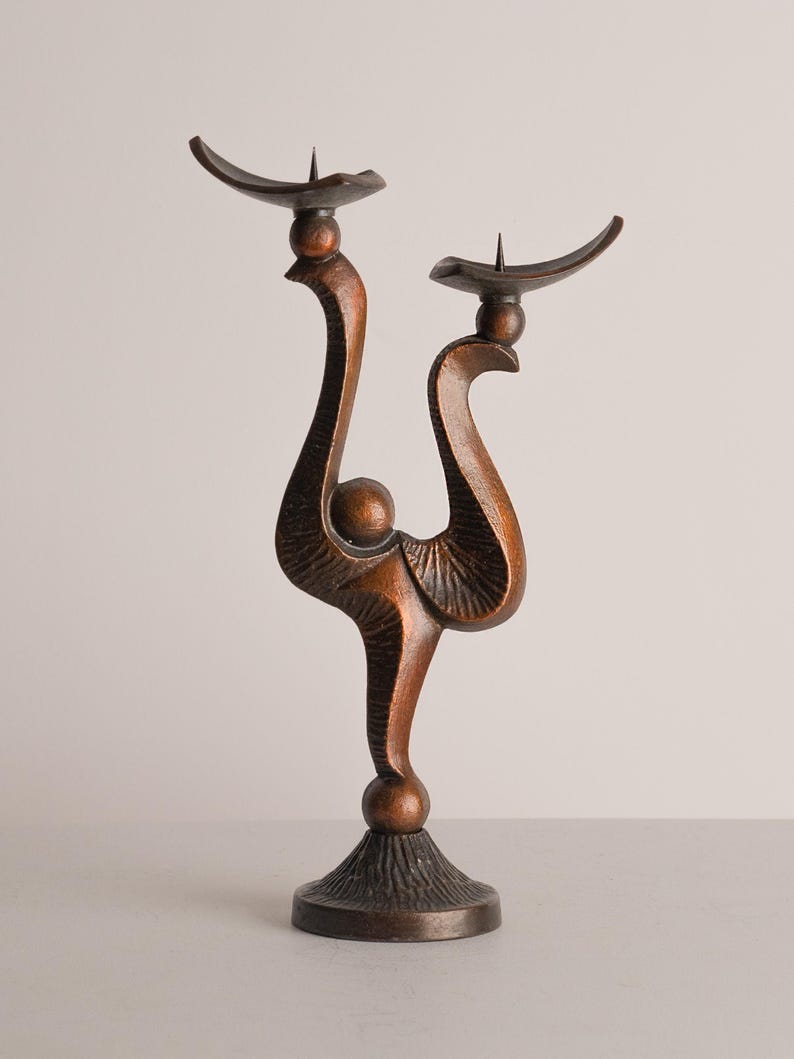 Vintage Polish Metal Candle Holders 1970s- Set of 3 — side angle showing textured bronze finish