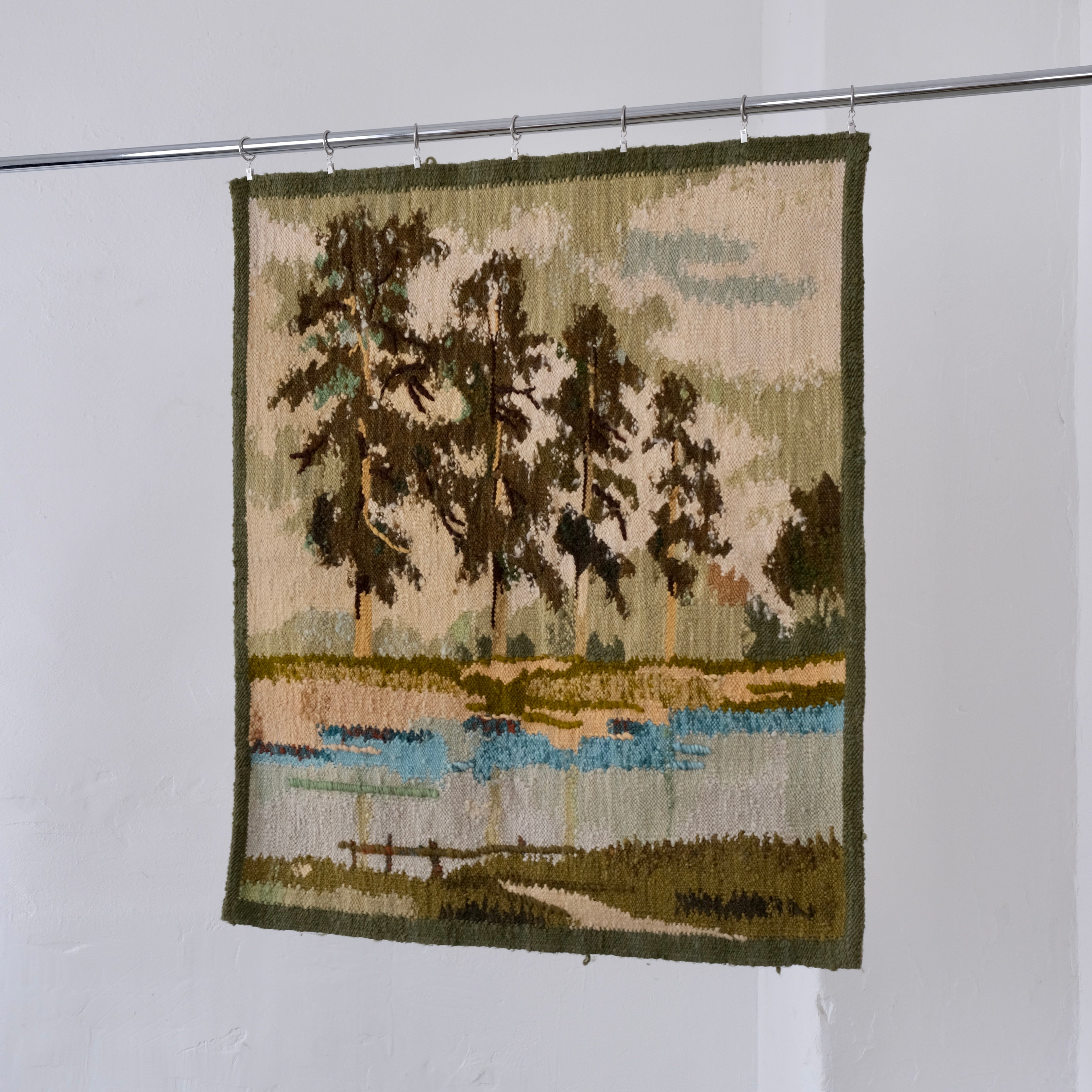 Mid-Century Landscape Wool Wall Tapestry, Poland — side angle showing earthy colors and trees