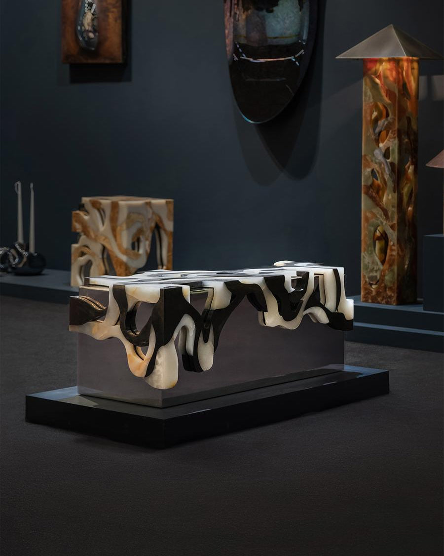 Orbis Bench II — side view highlighting black and white abstract design