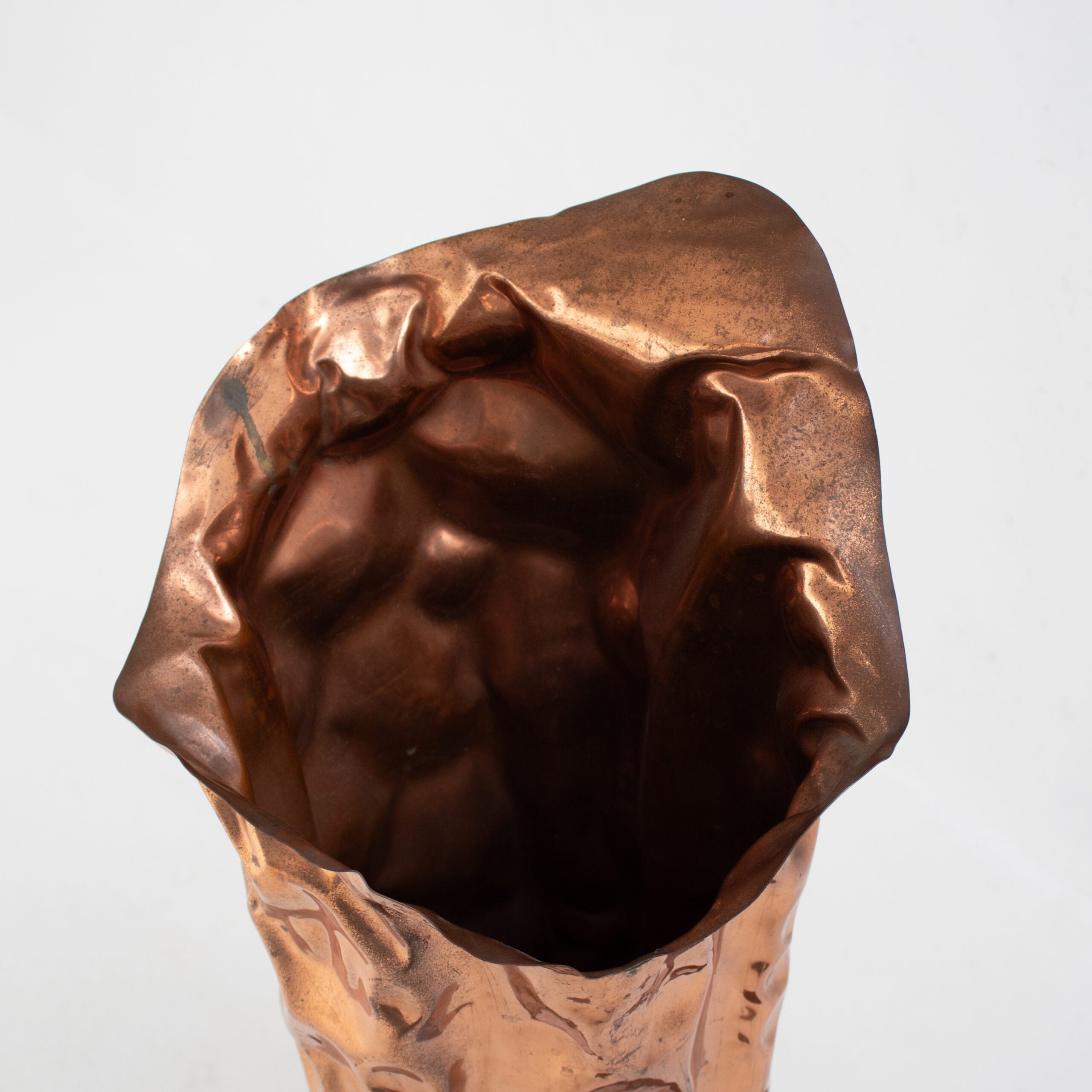 Bragalini Hammered Copper Vase — top view of textured copper rim