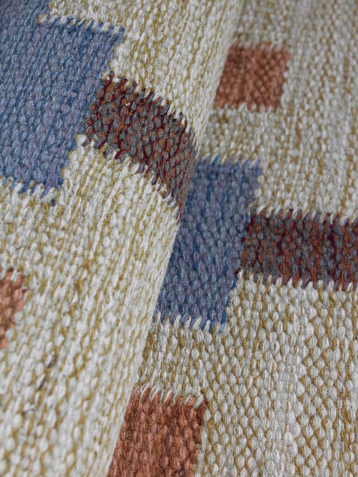 Karin Jönsson Swedish Mid-Century Geometric Wool Kilim 171x252cm — close-up of textured wool in muted colors