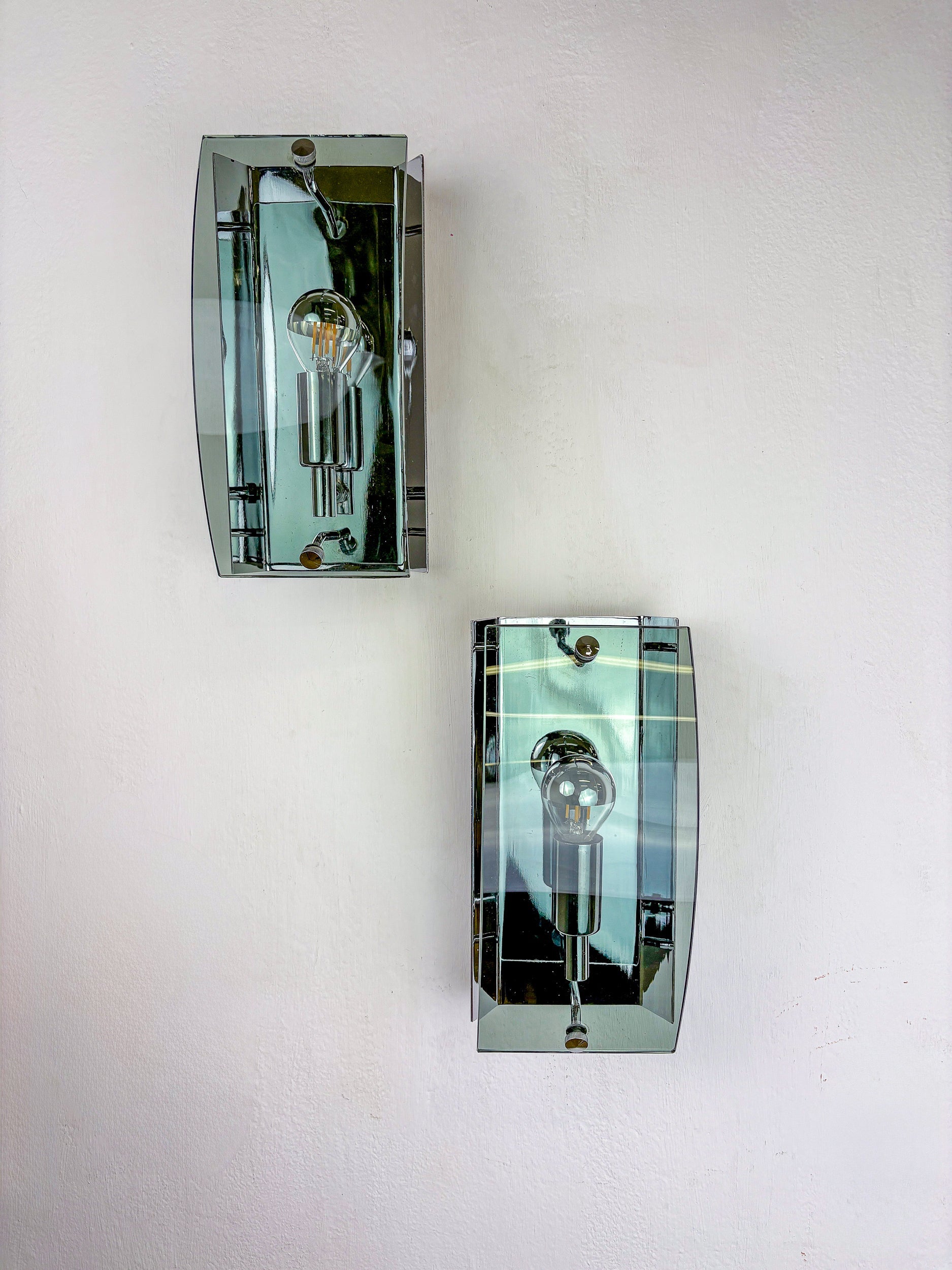 Pair of veca wall lamps, Green Murano glass, italy, Circa 1970's — side angle