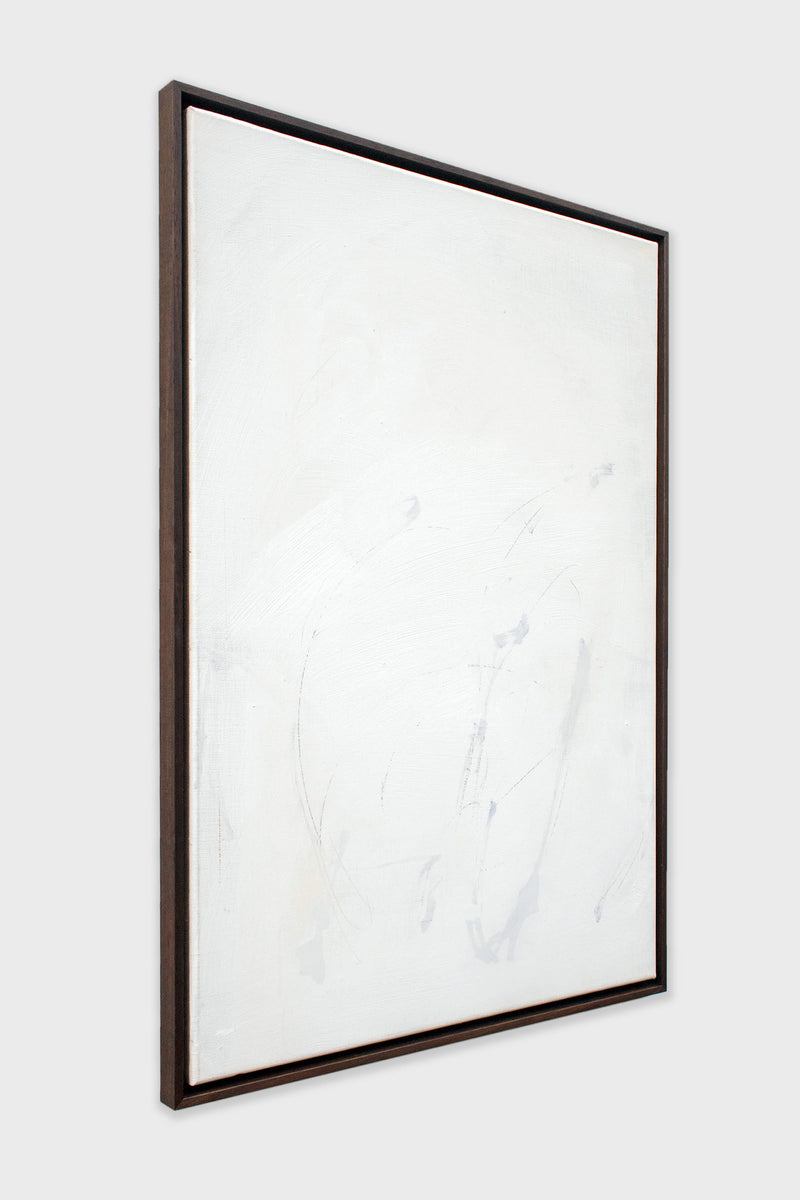 Abstract mixed media painting on linen with subtle gray tones in dark frame