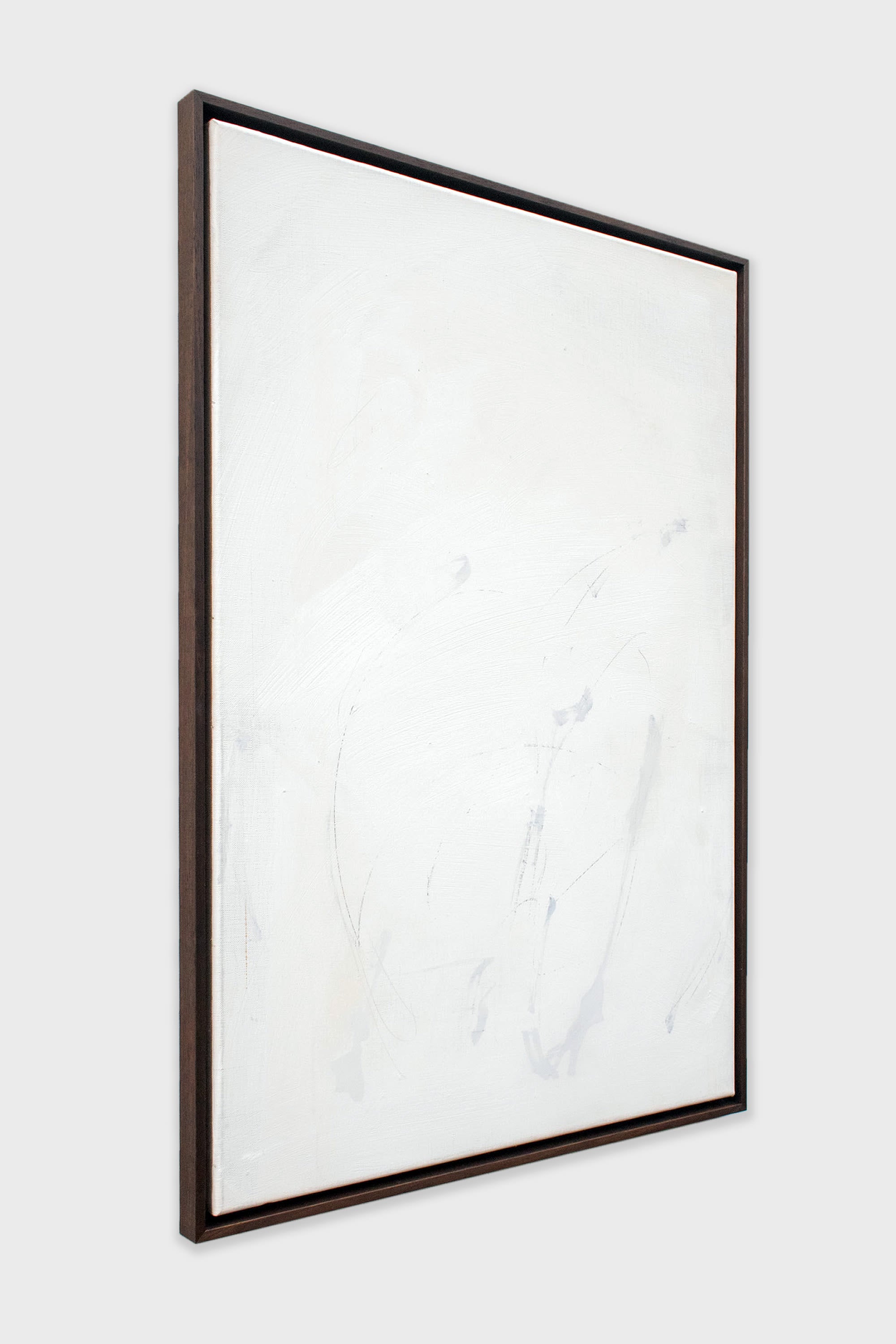 Abstract mixed media painting on linen with subtle gray tones in dark frame