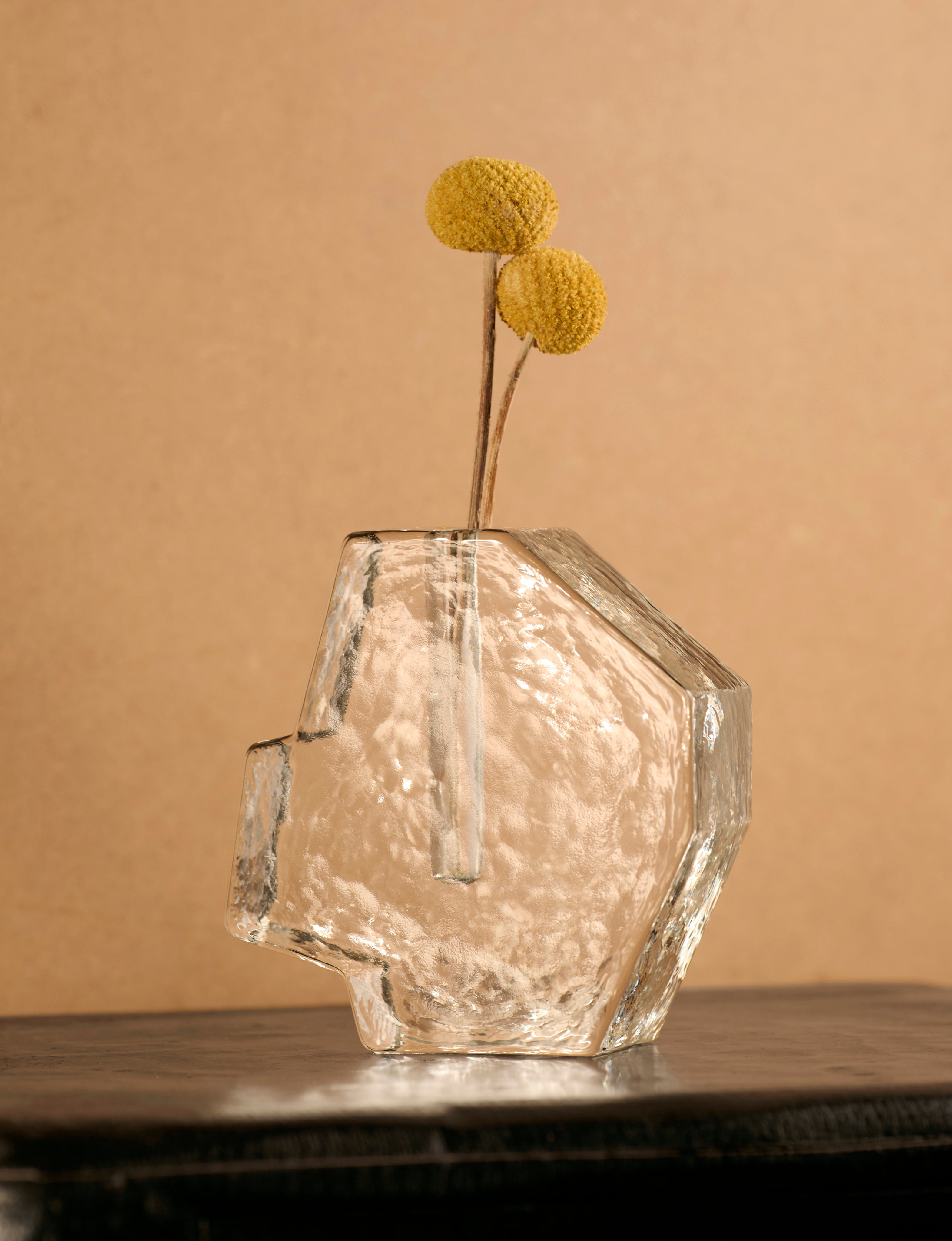 Vintage Scandinavian Clear Vase in Glass — top view with yellow flowers