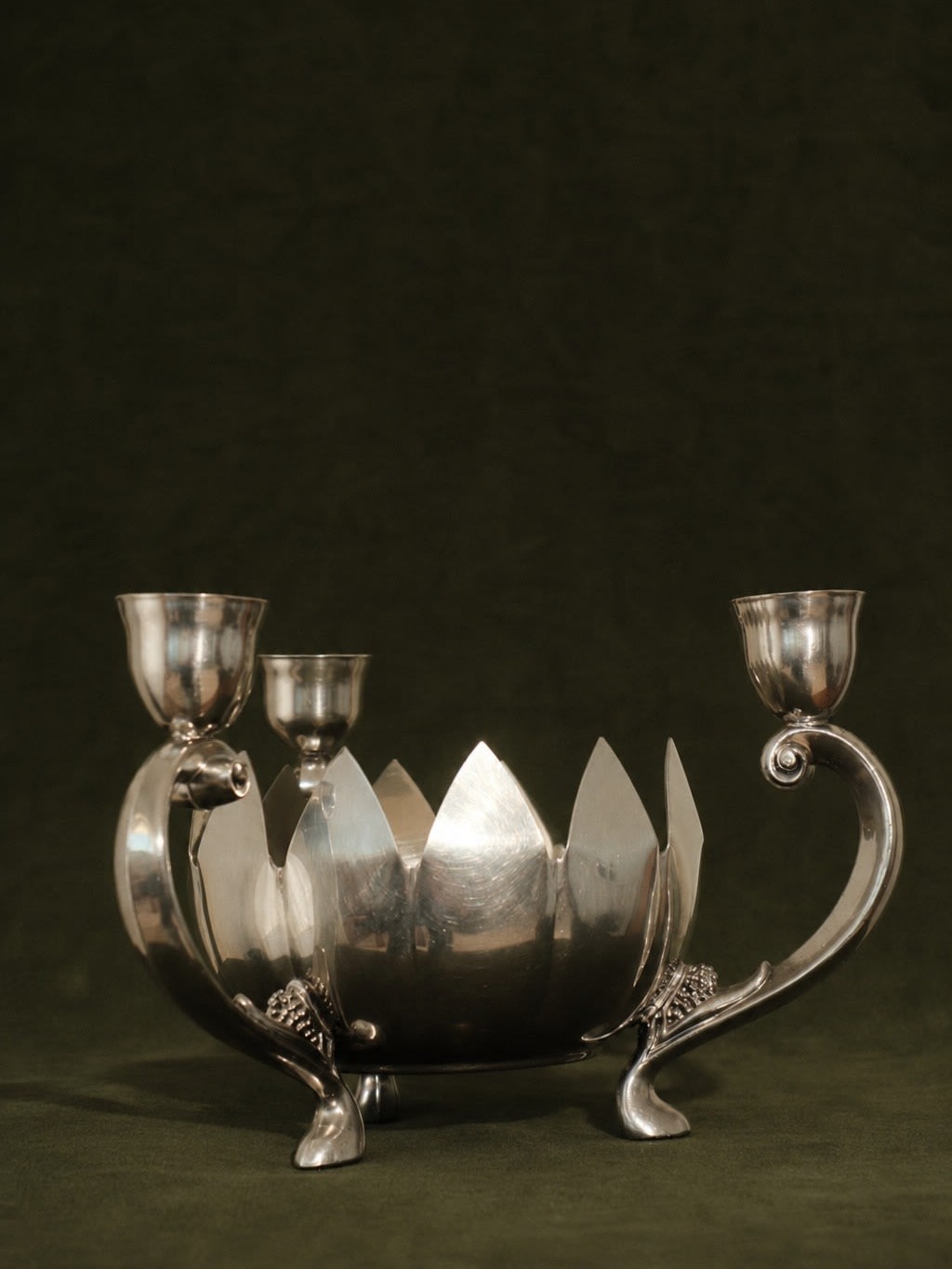 Vintage Silver-Plated Lotus Flower Three-Branch Candle Holder — detail view