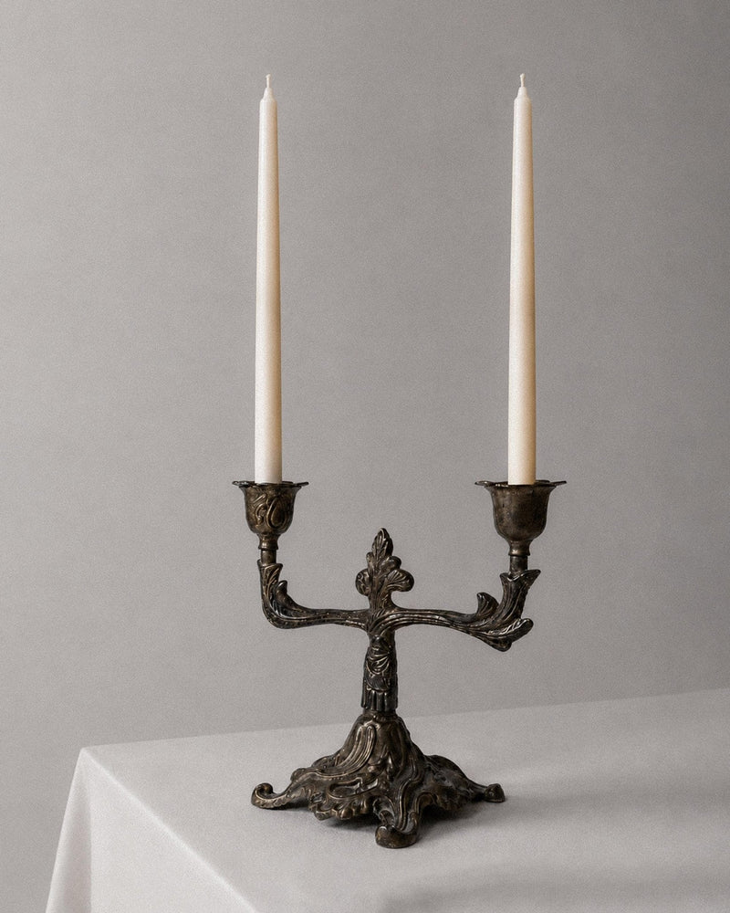 Vintage 1910s Bronze Candleholder for Two Candles, Art Deco Design with Ornate Details, Decorative Antique Table Accent, Elegant Gift Idea — detail view