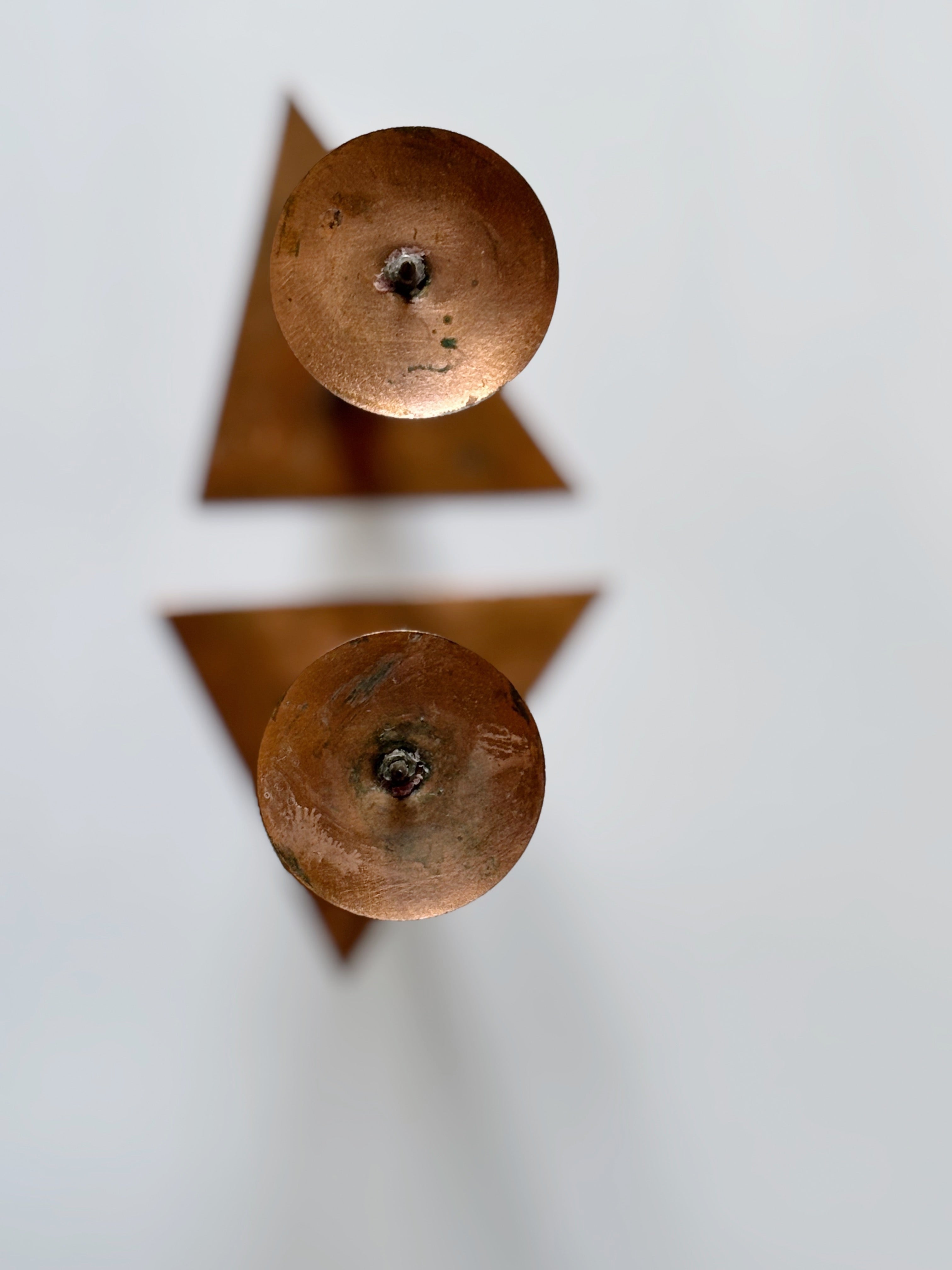 2 Copper Postmodern Candlesticks — top view of triangular base