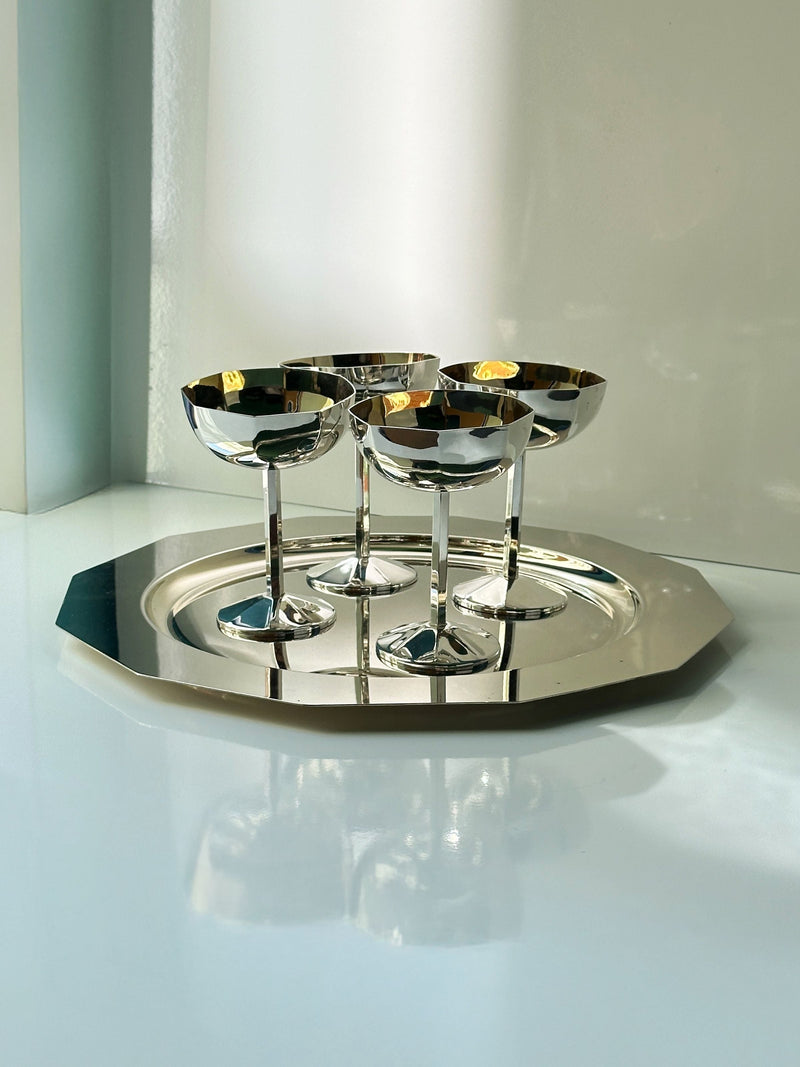 Set of four Italian Art Deco silver-plated coupes on matching tray