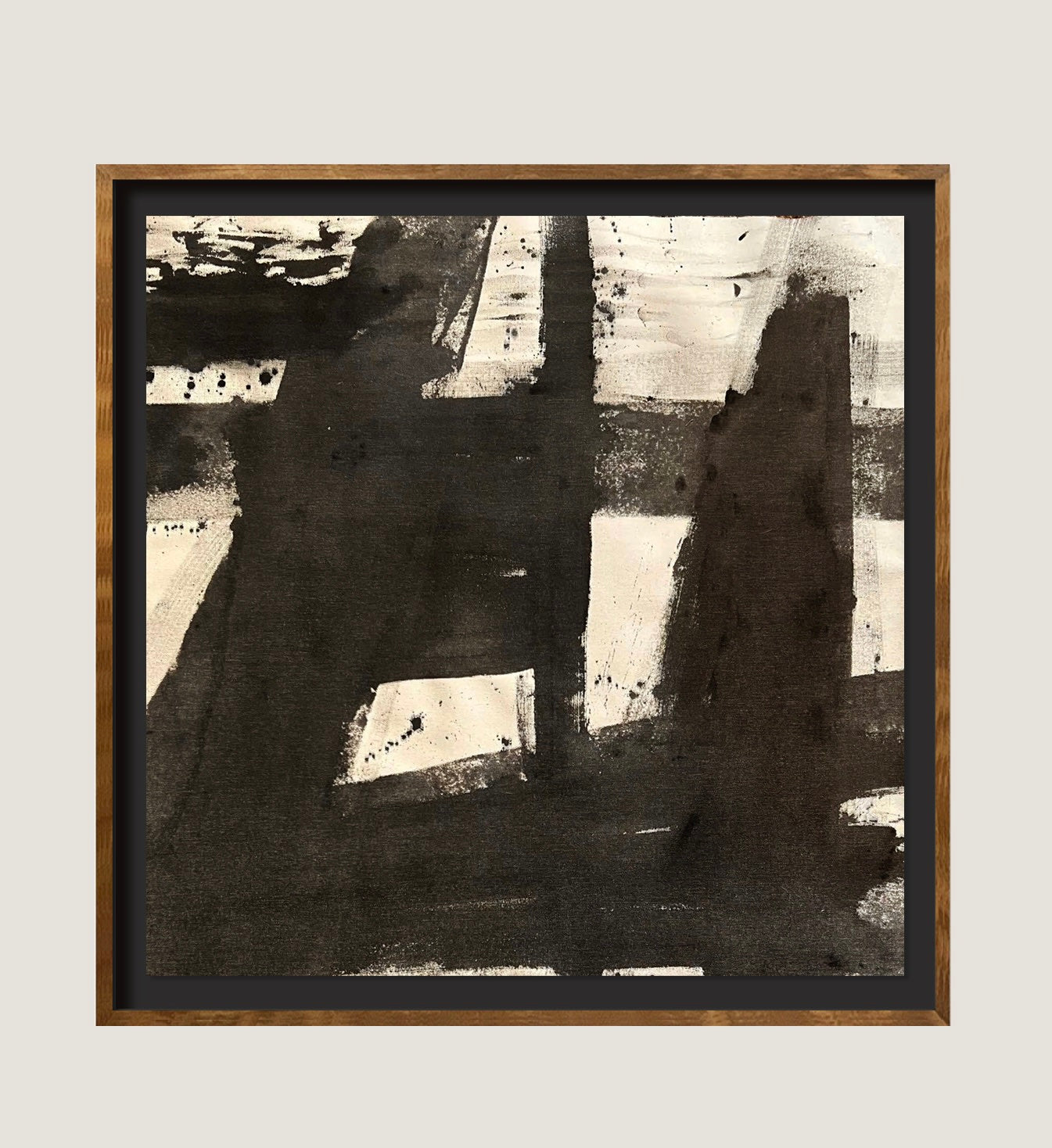 Marblehead Harbor" by Médecine is an original ink and charcoal on raw canvas, featuring bold dark strokes over a light textured background. Framed in simple wood, it evokes movement and striking contrast.