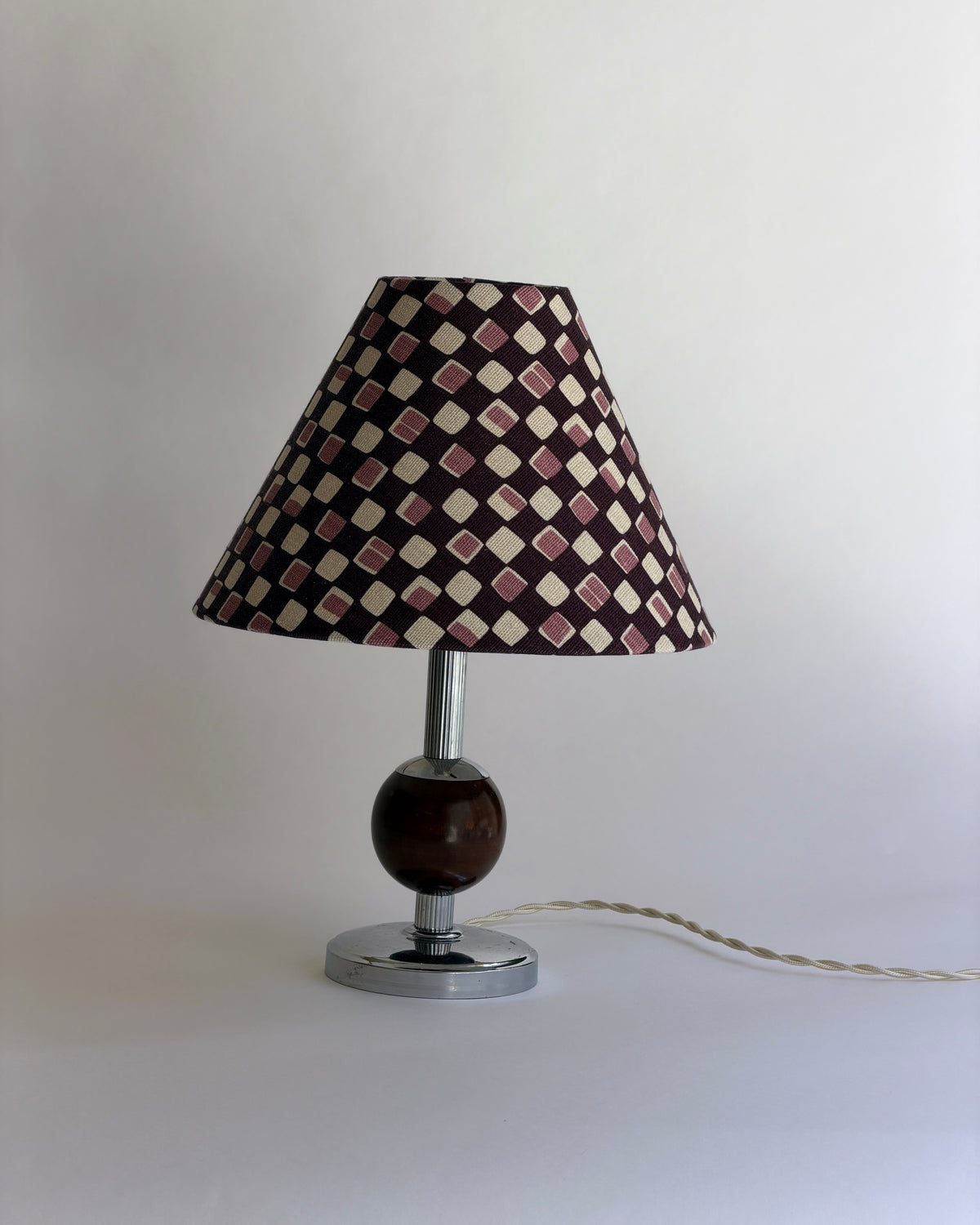 Swedish vintage Art Deco metal and wood table lamp  — close-up