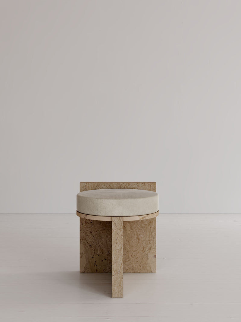 Meï 01' Stool — front view with light-colored fabric seat